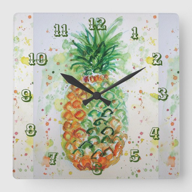 Ananas Limon Tropical Fruit Watercolor Art Quadratische Wanduhr (Vorderseite)