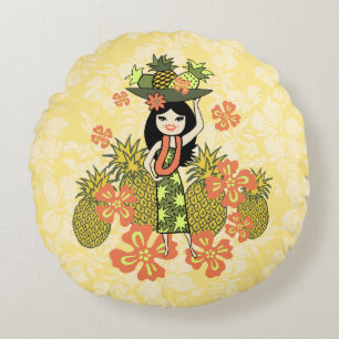 Ananas Luau Hawaiian Hula Girl Reversible Rundes Kissen