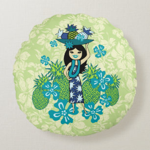 Ananas-Luau-Hawaiian-Hula-Mädchen-Reversibel Rundes Kissen