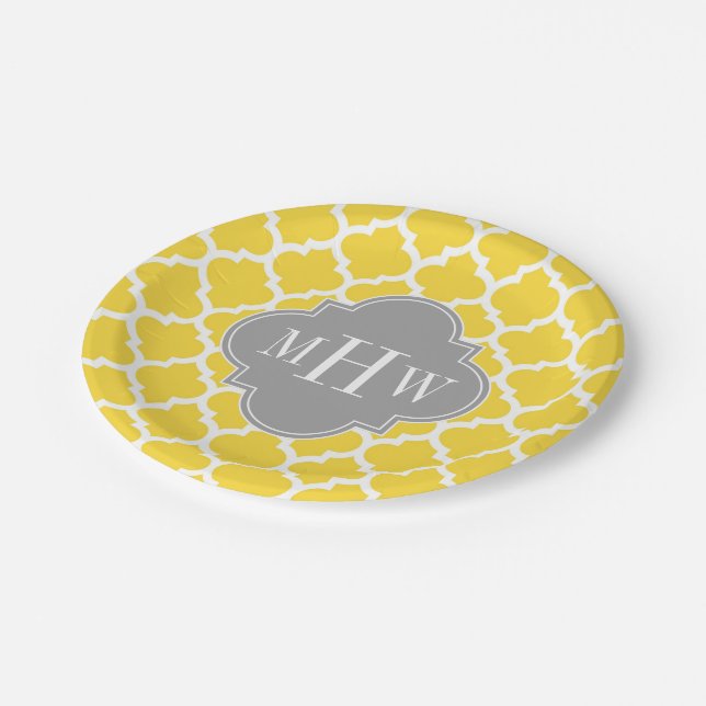 Ananas, Marokkanisch #5 Dk Gray 3 Initial Monogram Pappteller (Schrägansicht)