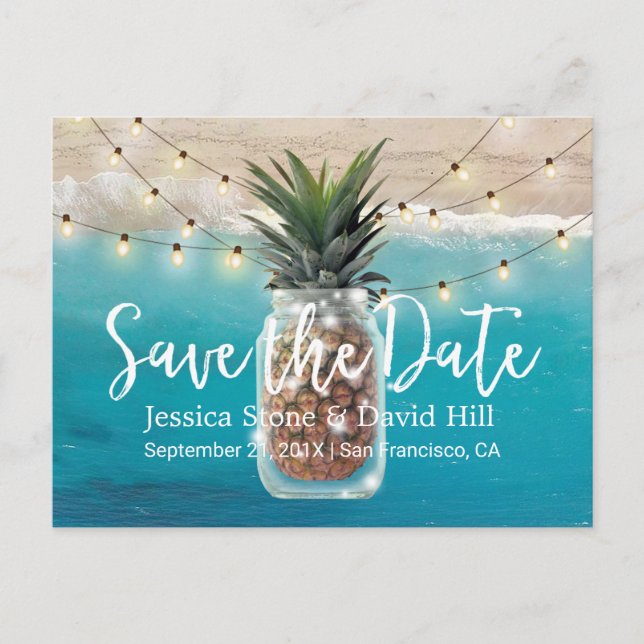 Ananas Mason Jar Beach Hochzeit Save the Date Ankündigungspostkarte (Vorderseite)