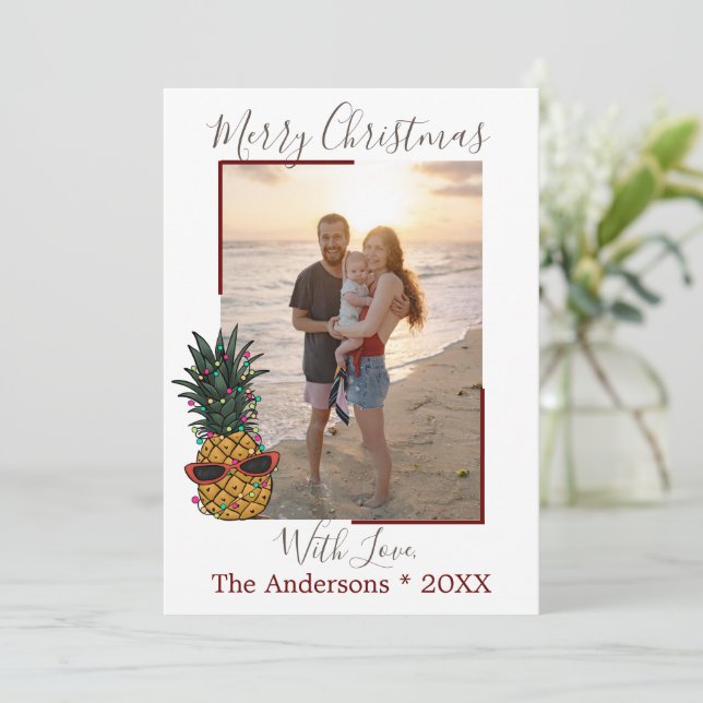 Ananas Merry Christmas Beach Foto Feiertagskarte (Stehend Vorderseite)