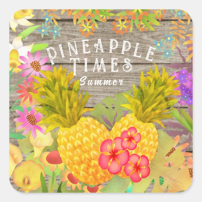 Ananas mit Blumen Quadratischer Aufkleber (Vorderseite)