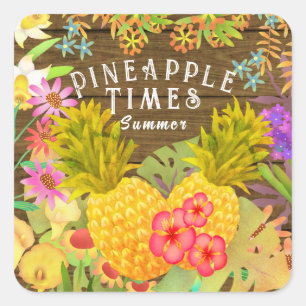 Ananas mit Blumen Quadratischer Aufkleber