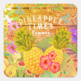 Ananas mit Blumen Quadratischer Aufkleber