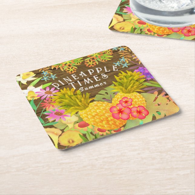 Ananas mit Blumen Rechteckiger Pappuntersetzer (angewinkelt)