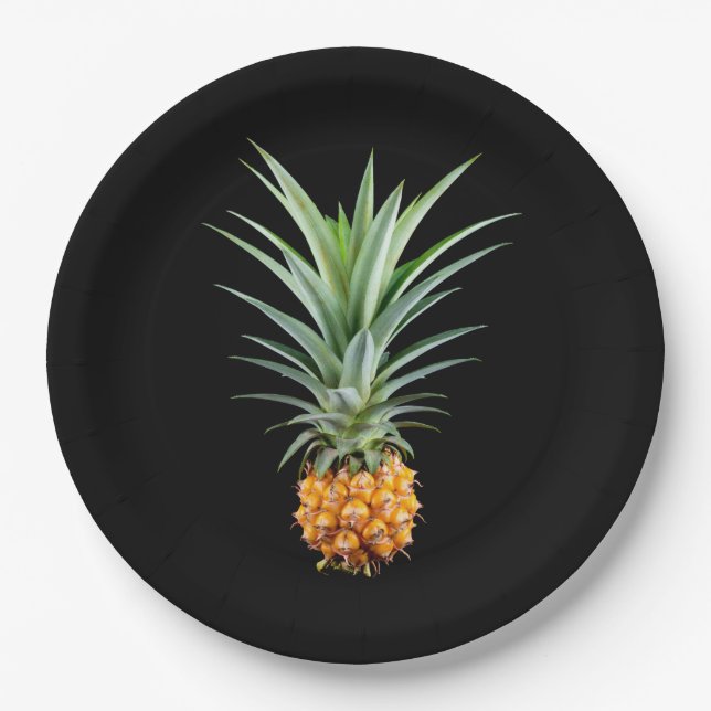 Ananas mit großen Haaren auf schwarzem Hintergrund Pappteller (Vorderseite)