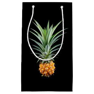 Ananas mit großer Frisur auf schwarzem Hintergrund Kleine Geschenktüte