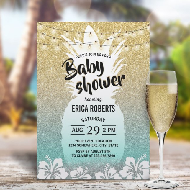 Ananas Moderne Gold Aquamarin Tropical Baby Dusche Einladung (Von Creator hochgeladen)