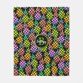 Ananas Moderner Mehrfarben-Monogramm-Name Schwarz Fleecedecke