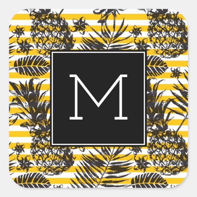 Ananas | Monogramm Quadratischer Aufkleber (Vorderseite)
