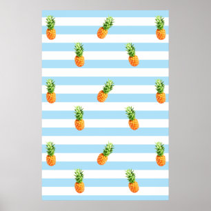 Ananas, motif à rayures bleues, affiche à ananas,
