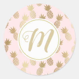 Ananas-Muster und Monogramm Runder Aufkleber