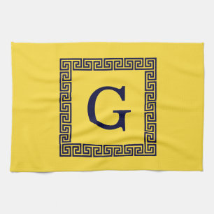 Ananas, Navy Blue Greece Key #1 Gerahmtes Monogram Küchentuch