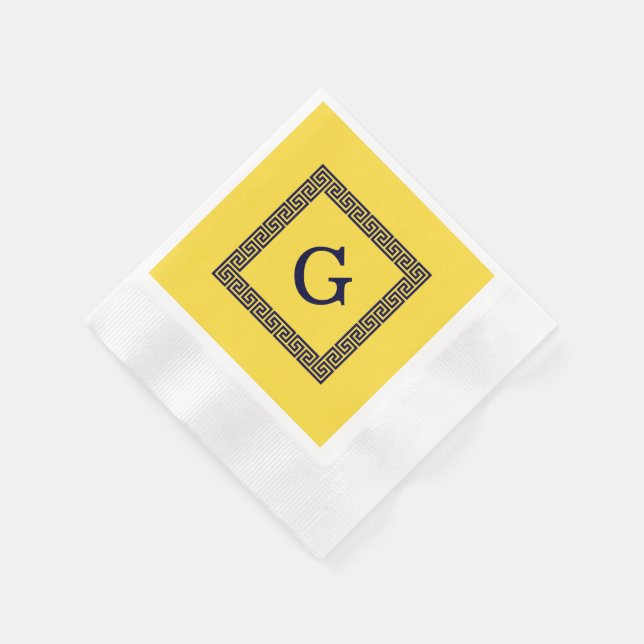 Ananas, Navy Blue Greece Key #1 Gerahmtes Monogram Serviette (Ecke)