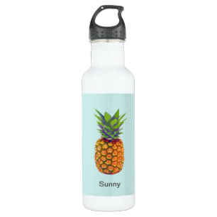 Ananas Obst auf hellblau Edelstahlflasche
