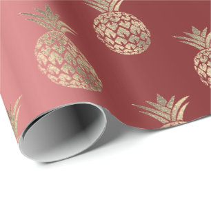 Ananas Obst Imitate Gold Tropical Summer Burgund Geschenkpapier
