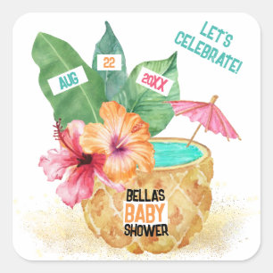 Ananas Palm Hibiskus Tropical Beach Baby Dusche Quadratischer Aufkleber