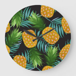 Ananas-Palmen-Schwarzes Band Große Wanduhr