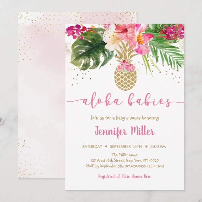 Ananas Pink Floral Aloha Twin Baby Dusche Einladung (Vorne/Hinten)