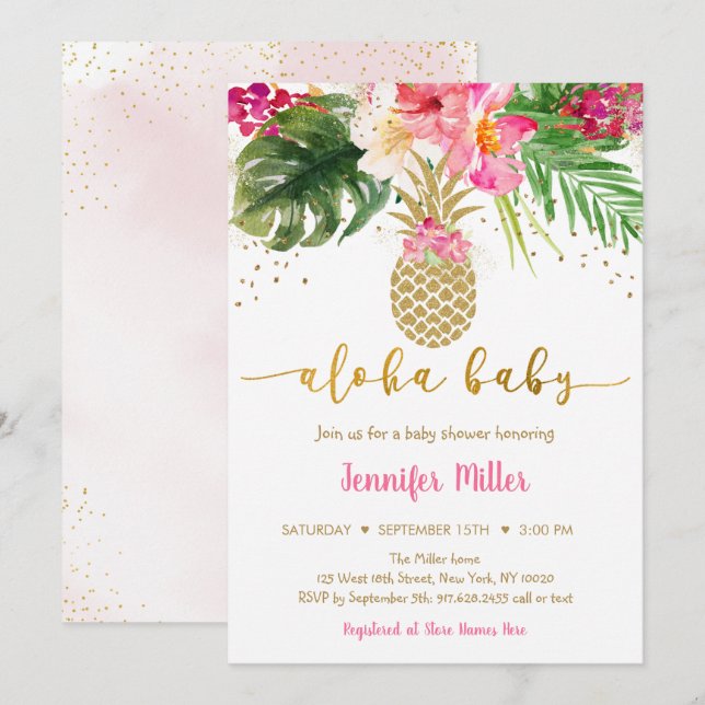 Ananas Pink Gold Floral Aloha Baby Dusche Einladung (Vorne/Hinten)