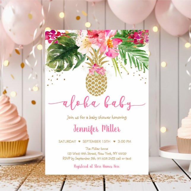 Ananas Pink Gold Floral Aloha Baby Dusche Einladung (Von Creator hochgeladen)