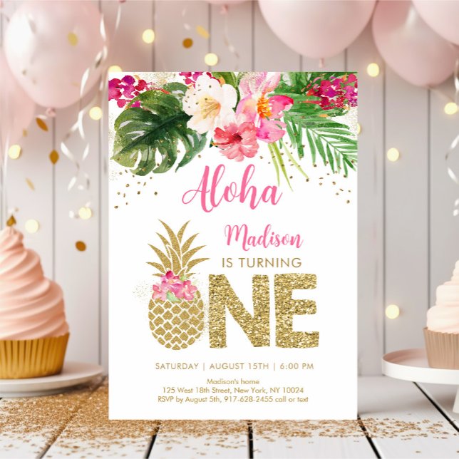 Ananas Pink Gold Floral Erster Geburtstag Einladung (Von Creator hochgeladen)