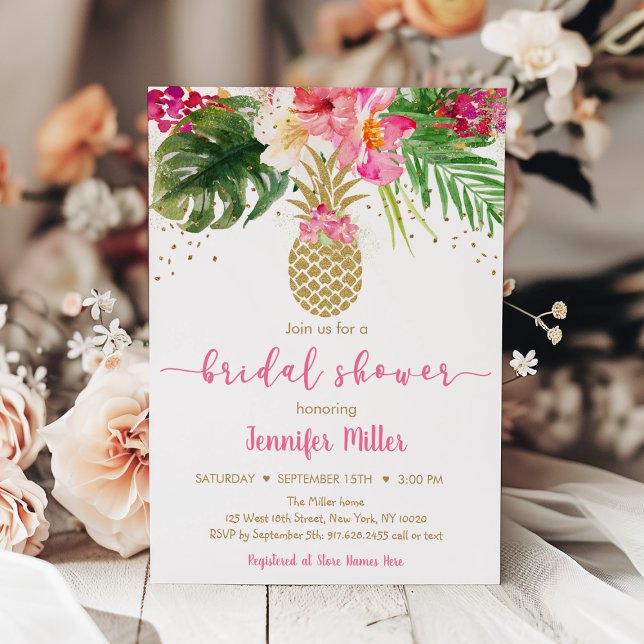 Ananas Pink Gold Floral Tropisches Brautparty Einladung (Von Creator hochgeladen)