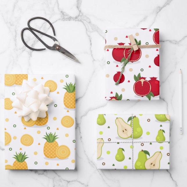 Ananas Pomegranate Pear Wrapping Paper Set 3 Geschenkpapier Set (Vorderseite)