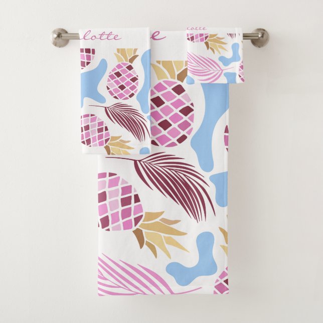 Ananas rosa blauer tropischer Mustername Badhandtuch Set (Insitu)