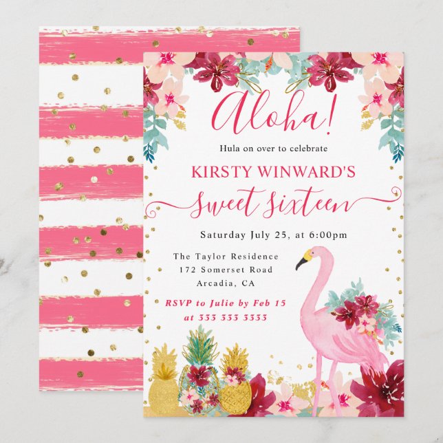 Ananas, rosa und Gold, Flamingo Sweet 16 Einladung (Vorne/Hinten)