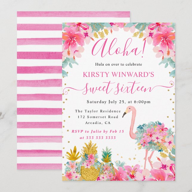 Ananas, rosa und Gold, Flamingo Sweet 16 Einladung (Vorne/Hinten)