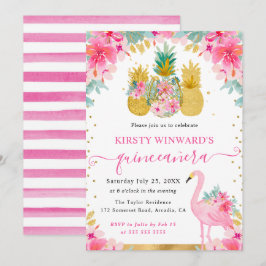 Ananas, rosa und goldfarben und Flamingo Quinceane Einladung