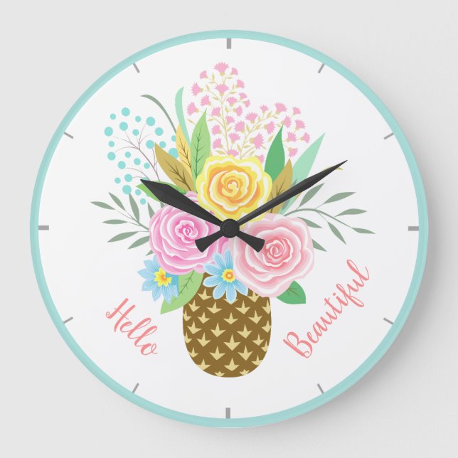Ananas Rose Bouquet Hallo Schöne rosa Gelb Große Wanduhr (Vorderseite)