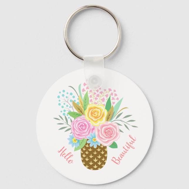 Ananas Rose Bouquet Hallo Schöne rosa Gelb Schlüsselanhänger (Vorderseite)