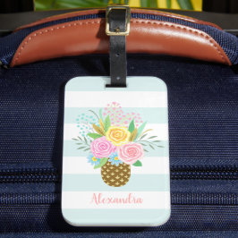 Ananas Rose Bouquet Pink Türkis Streifen Gepäckanhänger