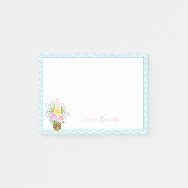 Ananas Rose Bouquet Pink Yellow 3x4 Post-it Klebezettel (Vorderseite)