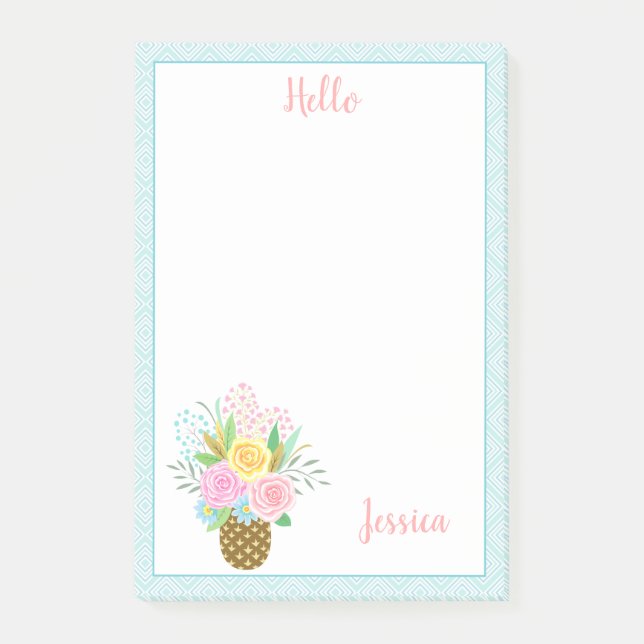 Ananas-Rose Bouquet Pink Yellow Blue 4x6 Post-it Klebezettel (Vorderseite)