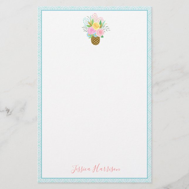 Ananas Rose Bouquet Pink Yellow Blue Briefpapier (Vorderseite)
