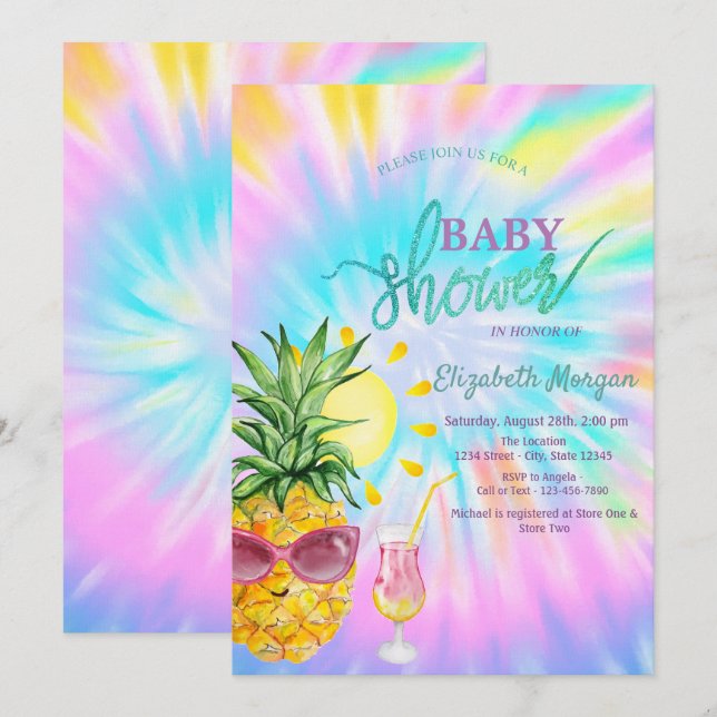 Ananas, Sonne, Cocktail Gefärbte Krawatte Babydusc Einladung (Vorne/Hinten)