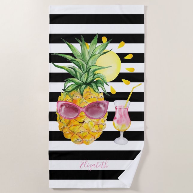 Ananas, Sonne, Cocktail Schwarz-weiße Streifen Strandtuch (Vorderseite)