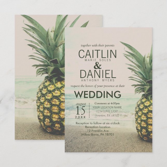 Ananas Tropical Beach Hochzeit in Urlaubsort Card Einladung (Vorne/Hinten)