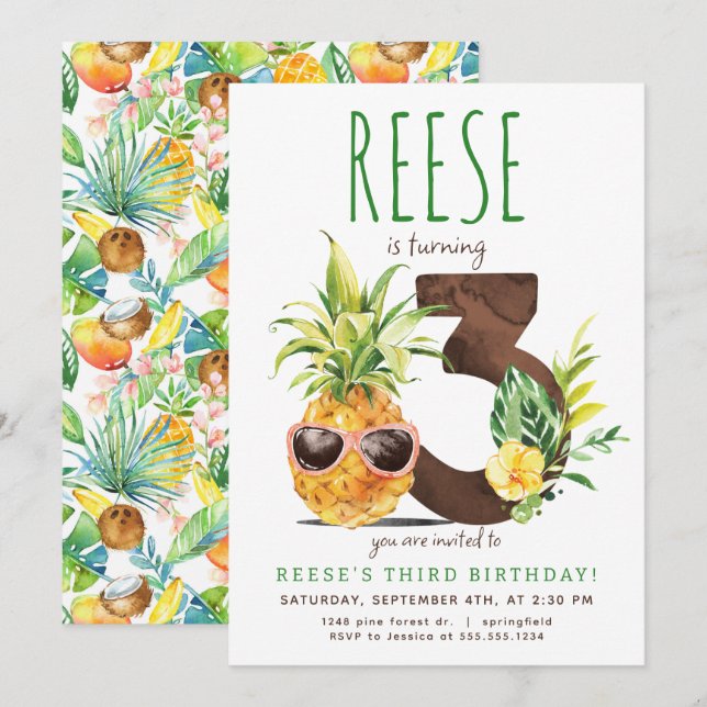 Ananas tropical Invitation du troisième anniversai (Devant / Derrière)