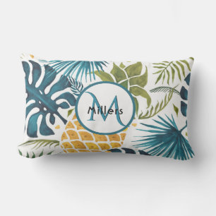 Ananas tropisch-blaues Monogramm Kissen Für Draußen