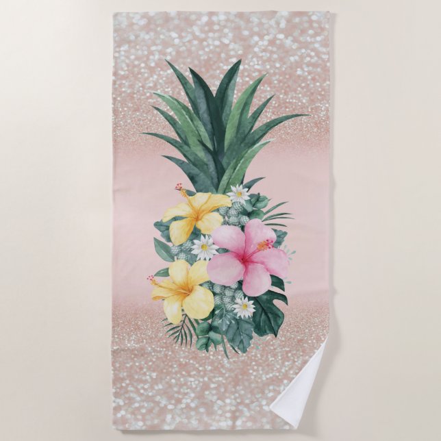 Ananas Tropische Blume Glitzer Bokeh Strandtuch (Vorderseite)