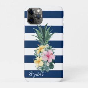 Ananas Tropische Blumen, Marineblaue Streifen Case-Mate iPhone Hülle