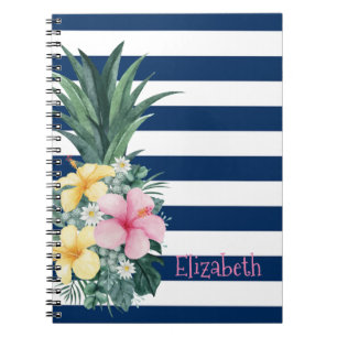 Ananas Tropische Blumen Navyblaue Streifen Notizblock