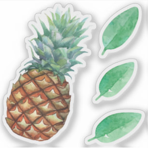 Ananas Tropische Früchte und Blatt Aquarellmalerei Aufkleber