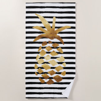 Ananas u. Streifen - Gold auf Schwarzem/Weiß Strandtuch