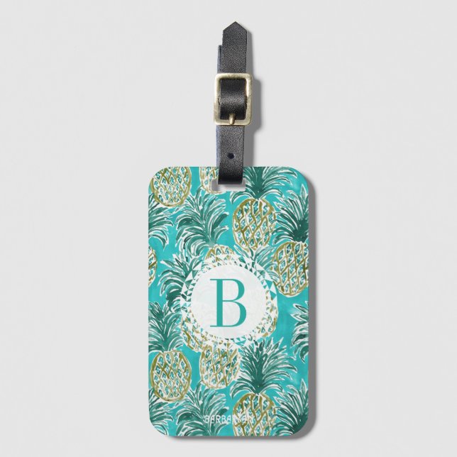 ANANAS-UHR tropisches Aquarell-Monogramm Gepäckanhänger (Vorderseite Vertikal)
